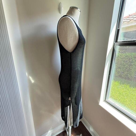 Black Crochet Mesh Knit Tank Dress with Side Slits – One Size - Picture 3 of 5